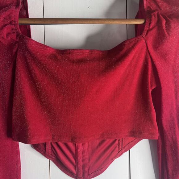 Windsor Women’s Size L Red Glitter Off Shoulder Corset Bustier Long Sleeve NWT - Picture 12 of 14